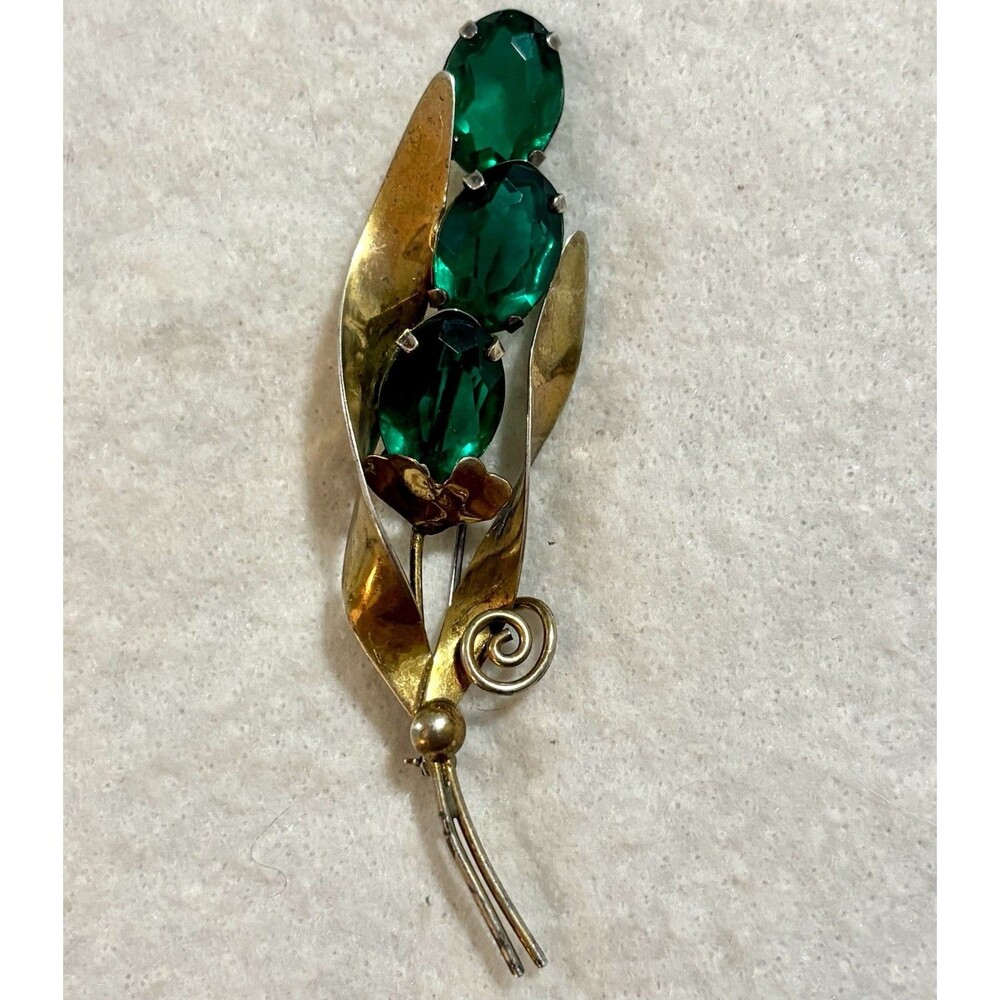 Large Sterling Silver Green Glass Floral Spray Brooch Statement 3” Art Nouveau
